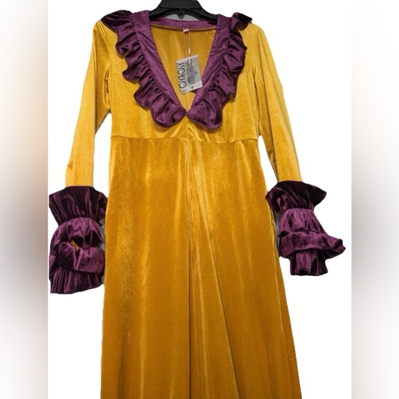 Oyrosy Designer Fashion Party Purple Ruffle Flared Gold Velvet Jumpsuit Sz Small - Picture 6 of 9